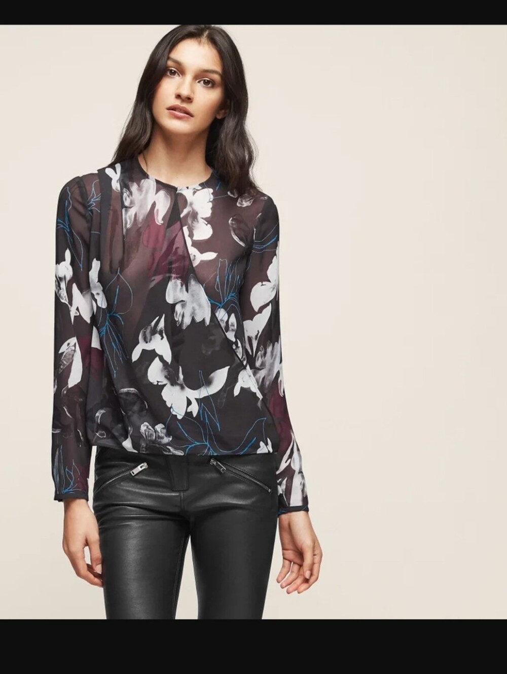 Reiss Como Draped Printed Blouse (Black Sheer Floral with Blue/Burgundy Accents)